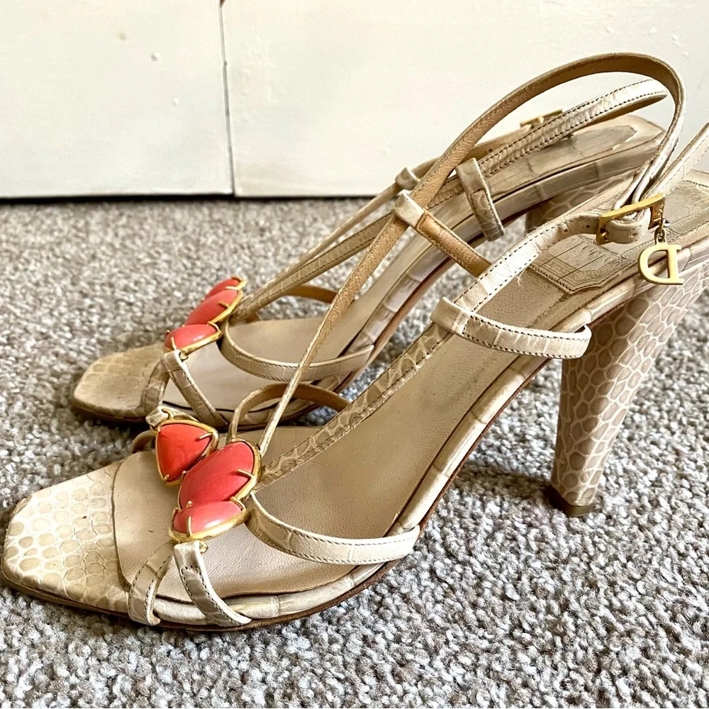 DIOR Tan Croc Embossed Jewelled Slingback Sandals EU 37.5 - Picture 2 of 8